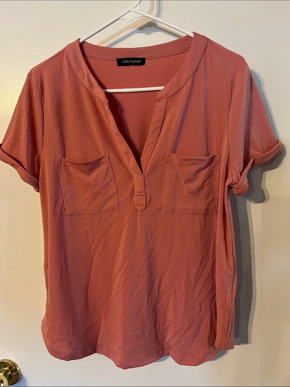 Cable & Gauge Coral V-Neck Short Sleeve Blouse